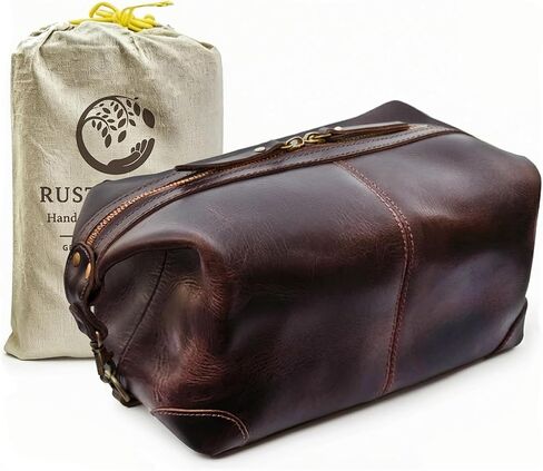RUSTIC TOWN Full Grain Leather Toiletry Bag for Men & Women – Handcrafted Travel Dopp Kit – Large Water-Resistant Makeup & Shaving Organizer, Walnut Brown in Kuwait