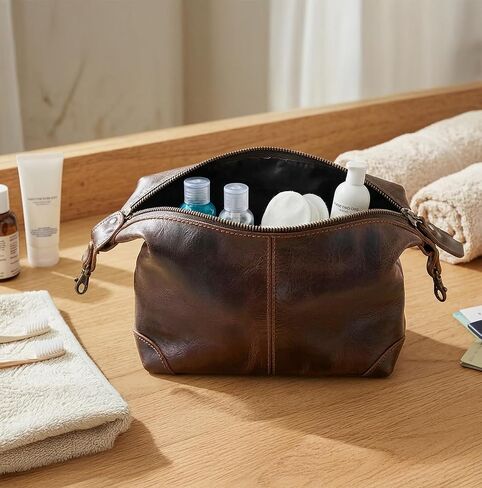 RUSTIC TOWN Full Grain Leather Toiletry Bag for Men & Women – Handcrafted Travel Dopp Kit – Large Water-Resistant Makeup & Shaving Organizer, Walnut Brown in Kuwait