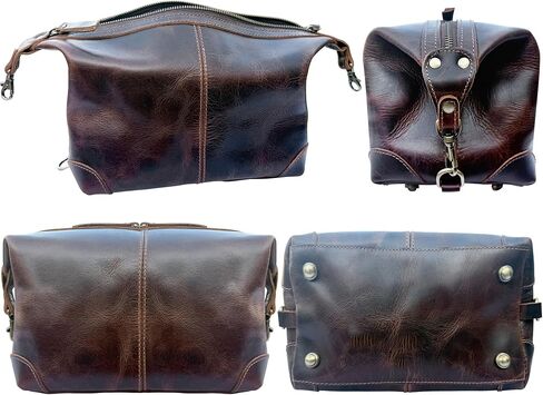 RUSTIC TOWN Full Grain Leather Toiletry Bag for Men & Women – Handcrafted Travel Dopp Kit – Large Water-Resistant Makeup & Shaving Organizer, Walnut Brown in Kuwait
