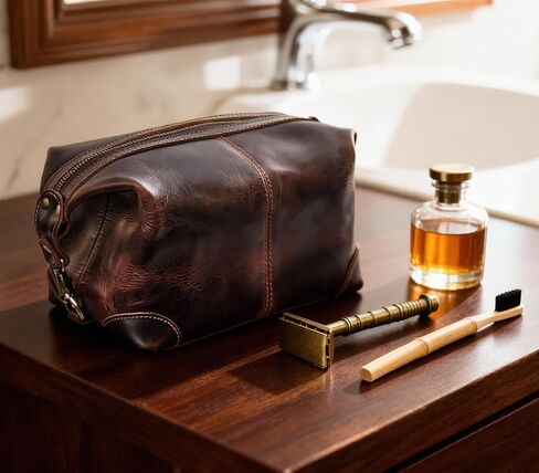 RUSTIC TOWN Full Grain Leather Toiletry Bag for Men & Women – Handcrafted Travel Dopp Kit – Large Water-Resistant Makeup & Shaving Organizer, Walnut Brown in Kuwait