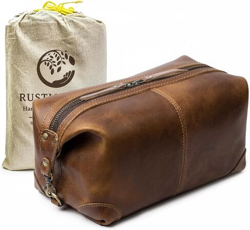 RUSTIC TOWN Full Grain Leather Toiletry Bag for Men & Women – Handcrafted Travel Dopp Kit – Large Water-Resistant Makeup & Shaving Organizer, Walnut Brown in Saudi Arabia