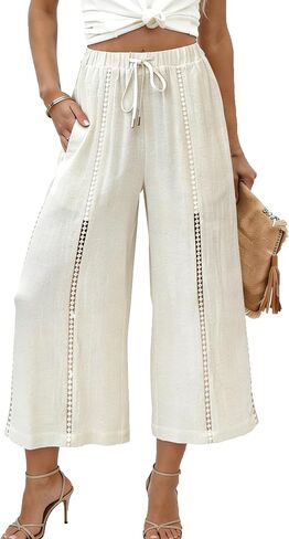 heipeiwa Women's Linen Capris Drawstring Elastic Waist Wide Leg Palazzo Pants Hollow Out Summer Beach Trouser in Kuwait