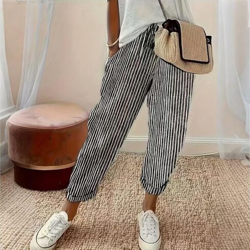Women's Striped Elastic Waist Casual Pants, Loose Fit Pocket Tapered Trousers in Kuwait