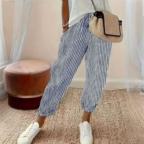 Women's Striped Elastic Waist Casual Pants, Loose Fit Pocket Tapered Trousers in Kuwait