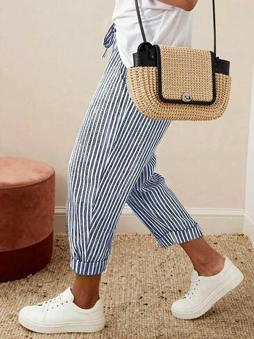 Women's Striped Elastic Waist Casual Pants, Loose Fit Pocket Tapered Trousers in Kuwait