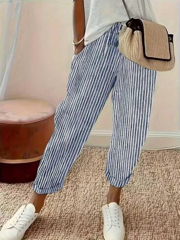 Women's Striped Elastic Waist Casual Pants, Loose Fit Pocket Tapered Trousers in Kuwait