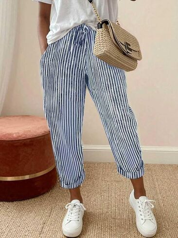 Women's Striped Elastic Waist Casual Pants, Loose Fit Pocket Tapered Trousers in Kuwait