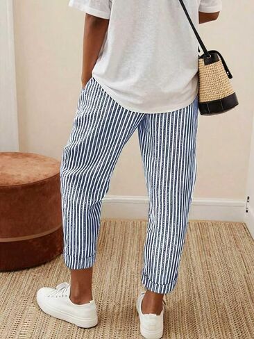 Women's Striped Elastic Waist Casual Pants, Loose Fit Pocket Tapered Trousers in Kuwait