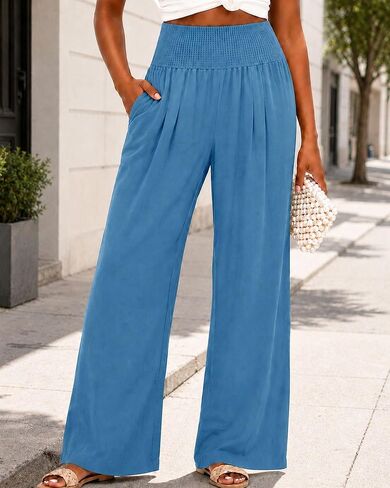 Palazzo Pants for Women Elastic High Waisted Wide Leg with Pocket Beach Vacation in Kuwait