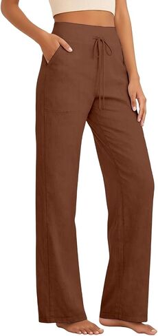 Womens Linen Pants Petite 2026 Summer Causal Solid High Waist Lightweight Straight Leg Lounge Trousers in Saudi Arabia