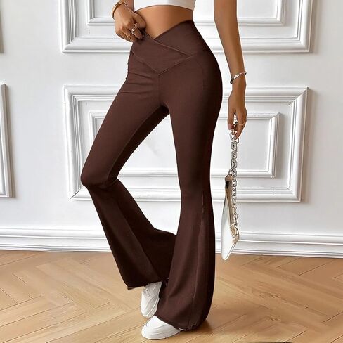 Women's Crossover Waist High Waisted Pants Slim Fit Flare Pants Versatile Ribbed Stretchy Comfortable Daily in Kuwait