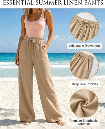 Women’s Summer Wide Leg Palazzo Pants with Drawstring Elastic Waist Pockets Casual Flowy White Lounge Trousers in Kuwait
