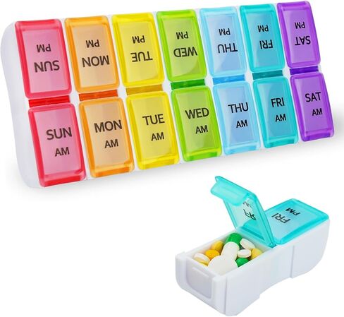 Pill Organizer 2 Times a Day, Pill Box 7 Day, AM PM Pill Case, Detachable Weekly Pill Container, Travel Portable Medicine Container for Pill/Vitamins/Supplements (Black and White) in Kuwait