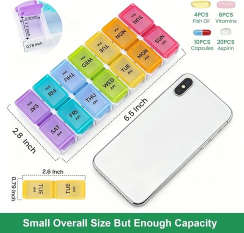 Pill Organizer 2 Times a Day, Pill Box 7 Day, AM PM Pill Case, Detachable Weekly Pill Container, Travel Portable Medicine Container for Pill/Vitamins/Supplements (Black and White) in Kuwait