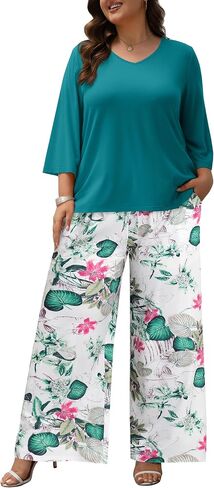 Women's Plus Size 2 Piece Outfits 3/4 Sleeve Tunic Top Floral Print Belted Wide Leg Pant Sets Travel Lounge Set in Saudi Arabia
