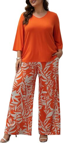Women's Plus Size 2 Piece Outfits 3/4 Sleeve Tunic Top Floral Print Belted Wide Leg Pant Sets Travel Lounge Set in Kuwait