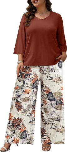 Women's Plus Size 2 Piece Outfits 3/4 Sleeve Tunic Top Floral Print Belted Wide Leg Pant Sets Travel Lounge Set in Kuwait