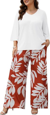 Women's Plus Size 2 Piece Outfits 3/4 Sleeve Tunic Top Floral Print Belted Wide Leg Pant Sets Travel Lounge Set in Kuwait