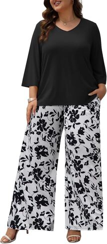 Women's Plus Size 2 Piece Outfits 3/4 Sleeve Tunic Top Floral Print Belted Wide Leg Pant Sets Travel Lounge Set in Kuwait