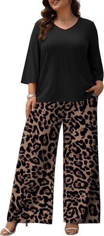 Women's Plus Size 2 Piece Outfits 3/4 Sleeve Tunic Top Floral Print Belted Wide Leg Pant Sets Travel Lounge Set in Kuwait