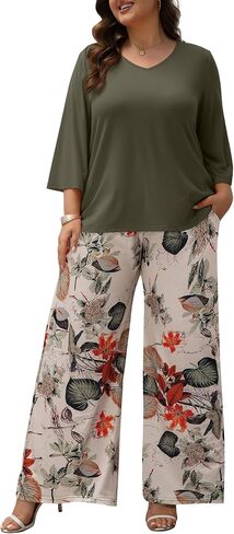 Women's Plus Size 2 Piece Outfits 3/4 Sleeve Tunic Top Floral Print Belted Wide Leg Pant Sets Travel Lounge Set in Kuwait