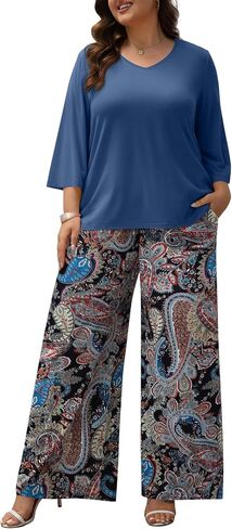 Women's Plus Size 2 Piece Outfits 3/4 Sleeve Tunic Top Floral Print Belted Wide Leg Pant Sets Travel Lounge Set in Kuwait