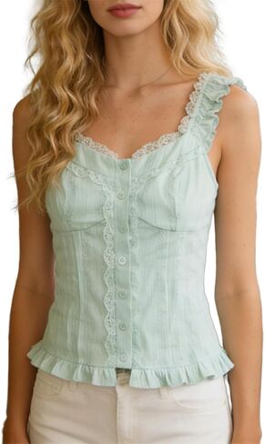Y2k Lace Button Front Tank Top for Women Sexy Cute Ruffle Smocked Cami Vest Tops Summer Fairy Coquette Streetwear in Saudi Arabia