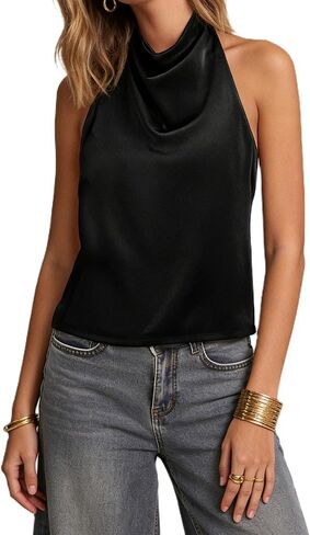 Women Satin Tank Tops Halter High Neck Open Back Cute Evening Summer Elegant Going Out Camisole Tops in Saudi Arabia