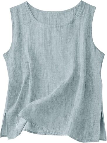قطع علوية من الكتان للنساء موضة صيف 2026 قمصان شاش عصرية لقضاء إجازة الشاطئ بدون أكمام وبلوزات ذات رقبة دائرية ملابس الفلاحين in Kuwait