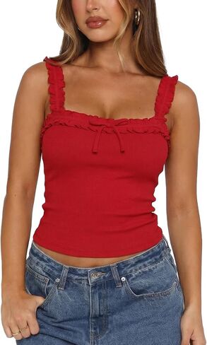 Women's Square Neck Tank Top Ribbed Ruffle Strap Bow Knot Slim Fit Camisole Sexy Crop Going Out Tops in Saudi Arabia