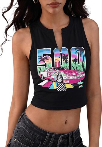 Car Crop Tank Tops for Women Notched V Neck Sleeveless Summer Crop Tops Retro Racing Streetwear in Saudi Arabia