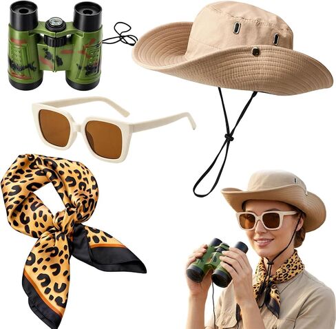 4 PCS Safari Outfit Women, Safari Costume Women, Adult Zoo Keeper Costume Includes Sun Bucket Hat, Leopard Scarf, Binoculars, Goggles in Saudi Arabia