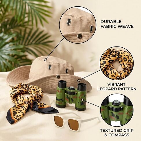 4 PCS Safari Outfit Women, Safari Costume Women, Adult Zoo Keeper Costume Includes Sun Bucket Hat, Leopard Scarf, Binoculars, Goggles in Saudi Arabia