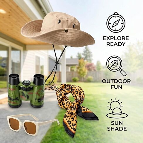 4 PCS Safari Outfit Women, Safari Costume Women, Adult Zoo Keeper Costume Includes Sun Bucket Hat, Leopard Scarf, Binoculars, Goggles in Saudi Arabia