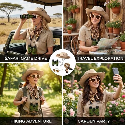 4 PCS Safari Outfit Women, Safari Costume Women, Adult Zoo Keeper Costume Includes Sun Bucket Hat, Leopard Scarf, Binoculars, Goggles in Saudi Arabia