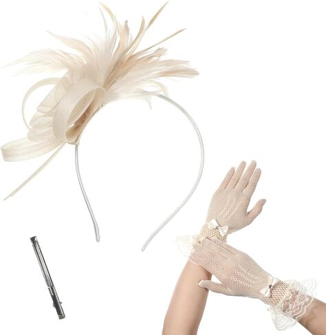 Fascinators Hats for Women and Lace Fishnet Gloves Set, Vintage 1920s Tea Party Hats for Women, Short Tea Party Hat Feather Headband for Wedding Cocktail Beige in Saudi Arabia