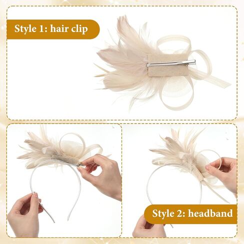 Fascinators Hats for Women and Lace Fishnet Gloves Set, Vintage 1920s Tea Party Hats for Women, Short Tea Party Hat Feather Headband for Wedding Cocktail Beige in Saudi Arabia