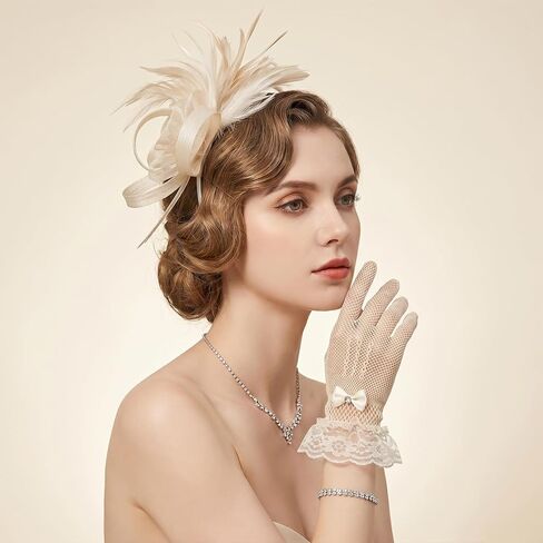 Fascinators Hats for Women and Lace Fishnet Gloves Set, Vintage 1920s Tea Party Hats for Women, Short Tea Party Hat Feather Headband for Wedding Cocktail Beige in Saudi Arabia