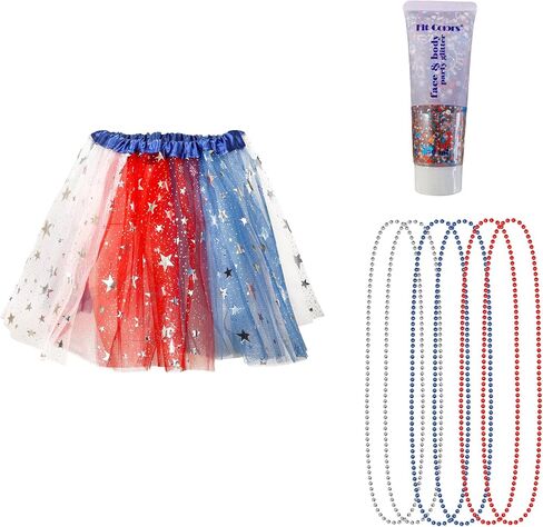250th Anniversary Costume Women's Accessories with Tutu Skirt, 6 Necklaces & Red Blue Body Glitter 4th of July in Saudi Arabia