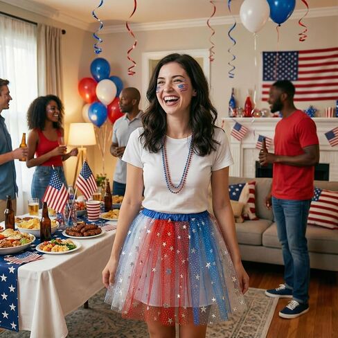 250th Anniversary Costume Women's Accessories with Tutu Skirt, 6 Necklaces & Red Blue Body Glitter 4th of July in Saudi Arabia
