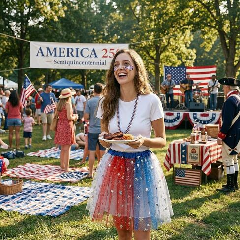 250th Anniversary Costume Women's Accessories with Tutu Skirt, 6 Necklaces & Red Blue Body Glitter 4th of July in Saudi Arabia
