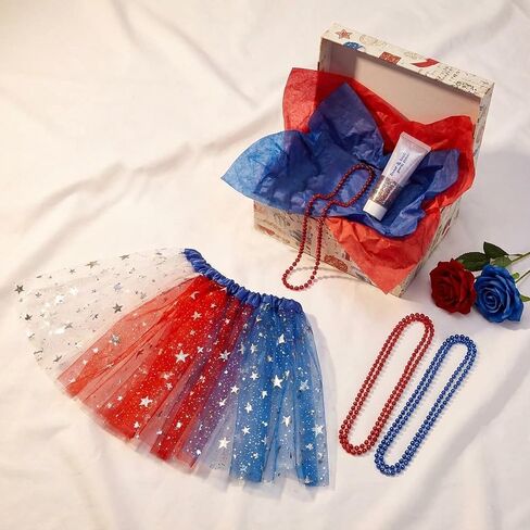 250th Anniversary Costume Women's Accessories with Tutu Skirt, 6 Necklaces & Red Blue Body Glitter 4th of July in Saudi Arabia