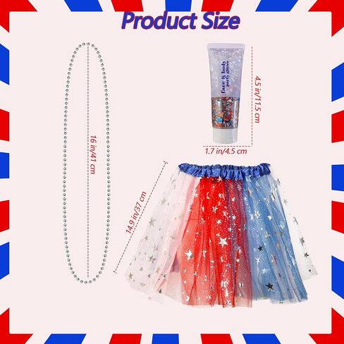 250th Anniversary Costume Women's Accessories with Tutu Skirt, 6 Necklaces & Red Blue Body Glitter 4th of July in Saudi Arabia