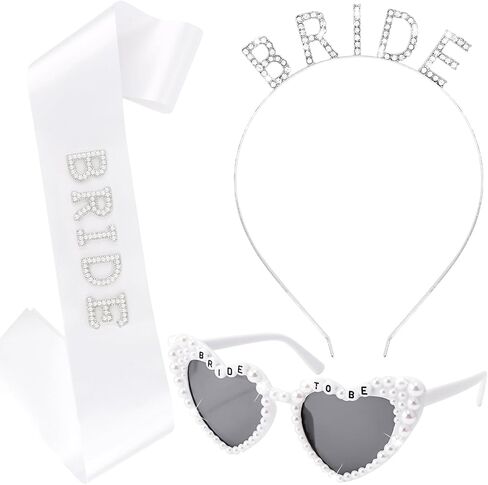 KICOSY Bride To Be 3-Piece Set - Rhinestone BRIDE Headband, Pearl Heart Sunglasses & Rhinestone Sash for Bachelorette Party, Bridal Shower & Wedding Celebrations in Kuwait