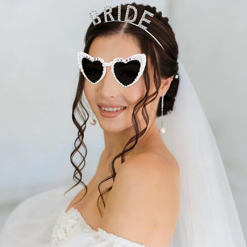 KICOSY Bride To Be 3-Piece Set - Rhinestone BRIDE Headband, Pearl Heart Sunglasses & Rhinestone Sash for Bachelorette Party, Bridal Shower & Wedding Celebrations in Kuwait