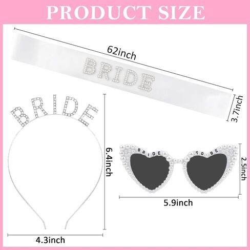 KICOSY Bride To Be 3-Piece Set - Rhinestone BRIDE Headband, Pearl Heart Sunglasses & Rhinestone Sash for Bachelorette Party, Bridal Shower & Wedding Celebrations in Kuwait