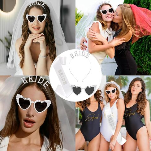KICOSY Bride To Be 3-Piece Set - Rhinestone BRIDE Headband, Pearl Heart Sunglasses & Rhinestone Sash for Bachelorette Party, Bridal Shower & Wedding Celebrations in Kuwait