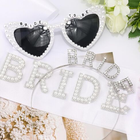 KICOSY Bride To Be 3-Piece Set - Rhinestone BRIDE Headband, Pearl Heart Sunglasses & Rhinestone Sash for Bachelorette Party, Bridal Shower & Wedding Celebrations in Kuwait