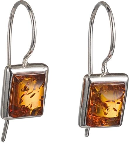 Genuine Baltic Honey Amber Rectangular Drop Earrings in 925 Sterling Silver – Kidney Hook Dangle Earrings for Women, Handcrafted in Poland in Saudi Arabia