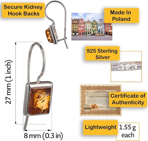 Genuine Baltic Honey Amber Rectangular Drop Earrings in 925 Sterling Silver – Kidney Hook Dangle Earrings for Women, Handcrafted in Poland in Saudi Arabia